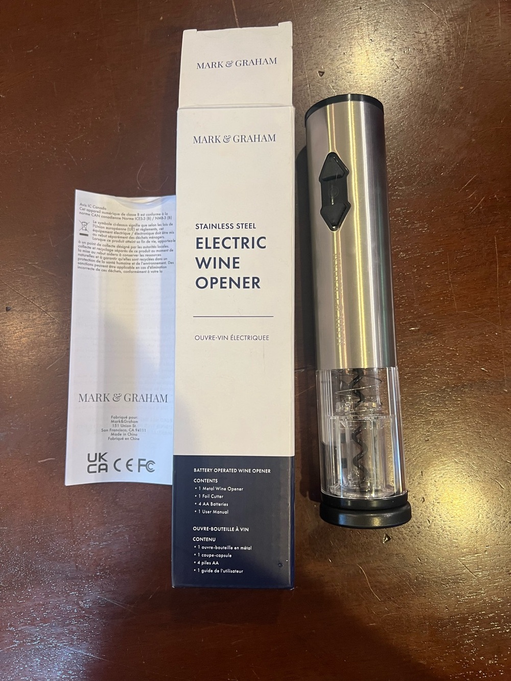 NWT Mark & Graham Electric Wine Opener Stainless Steel Corkscrew
